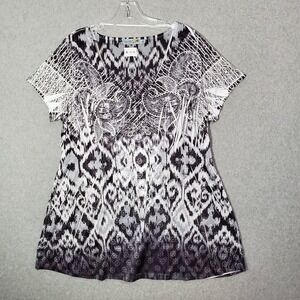 Unity Women Top 1X Gray Ikat‎ Paisley Rhinestone Short Sleeve V Neck